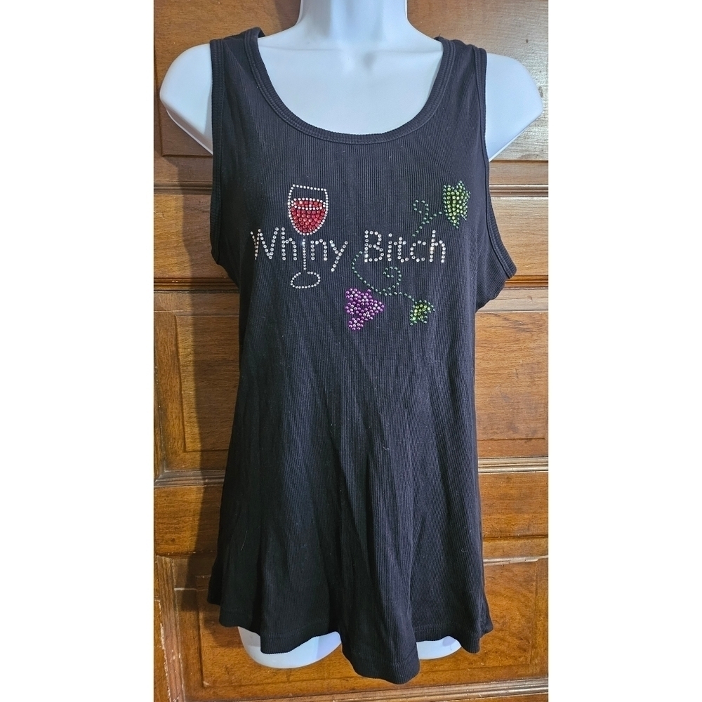 Wine Black Ribbed Rhinestone Embellished Tank Top